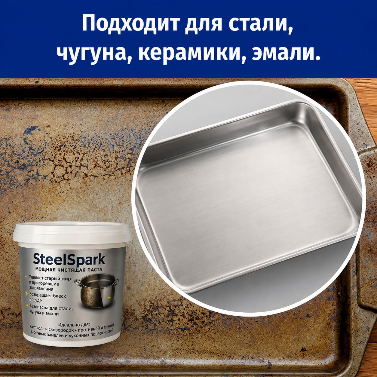 SteelSpark убирает застарелый жир и нагар